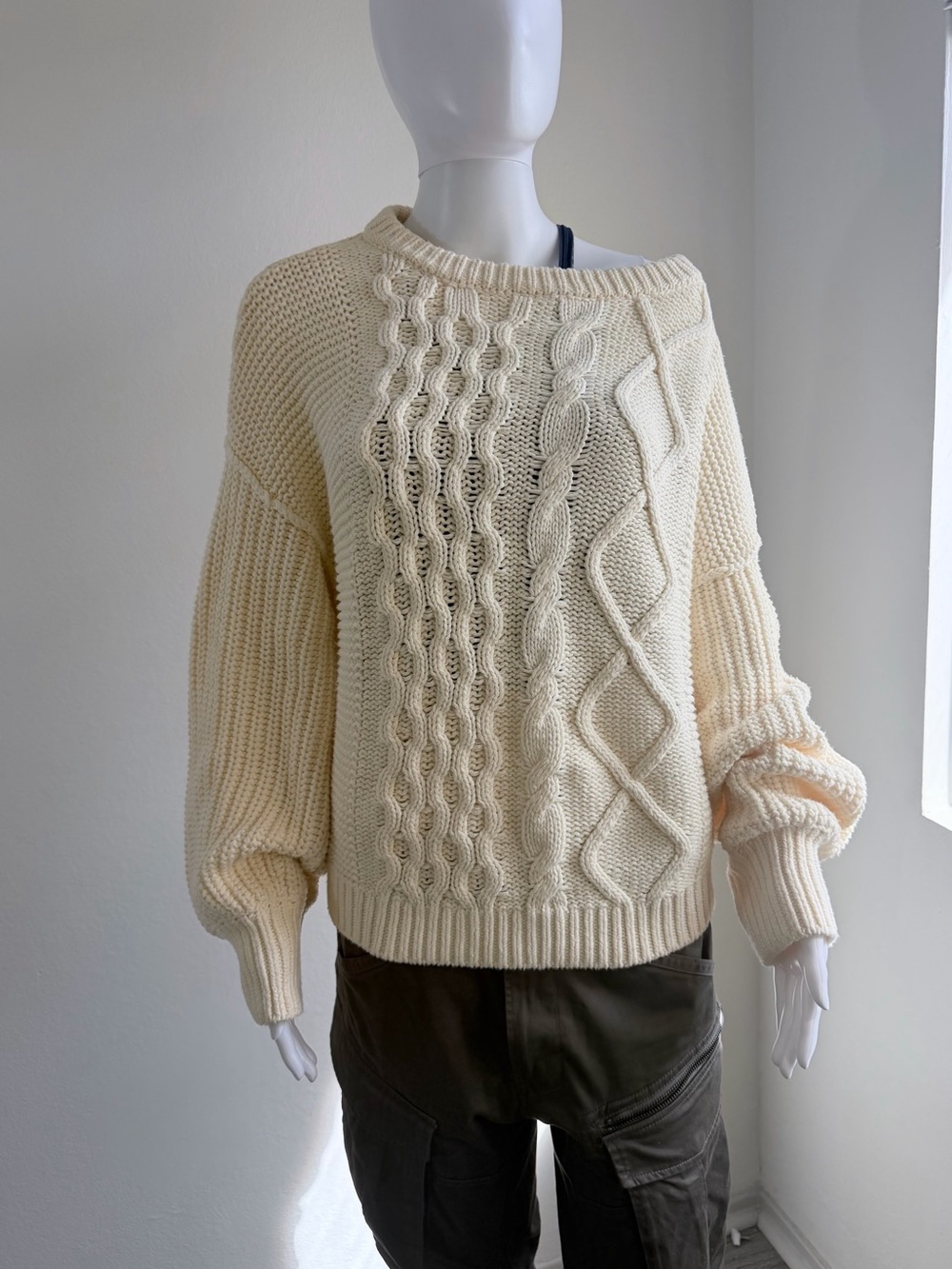 Free People Chunky Cable-Knit Crew Sweater in Cream